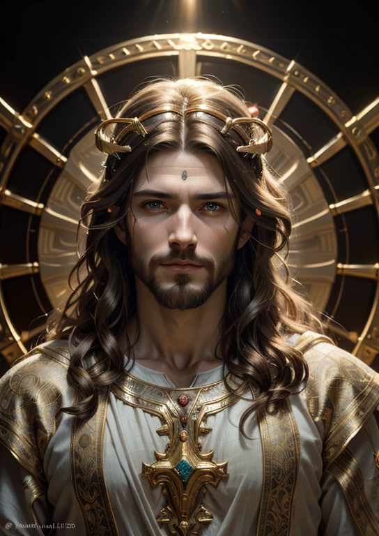 (best quality, highres, masterpiece:1.3),ultra-detailed, (realistic:1.37), ((one man)), muscular, long hair, Jesus Christ, ((halo over head)), smiling in peacefull, heavenly sky, ((divine light)), ethereal, clouds, back lighting, realistic portrait, symmetrical, strong, intricate drawing, highly detailed, digital painting, Artstation, fluid, against heaven's gate, cinematic lighting, works by artgerm and greg rutkowski and alphonse mucha, a portrait of glorious Jesus