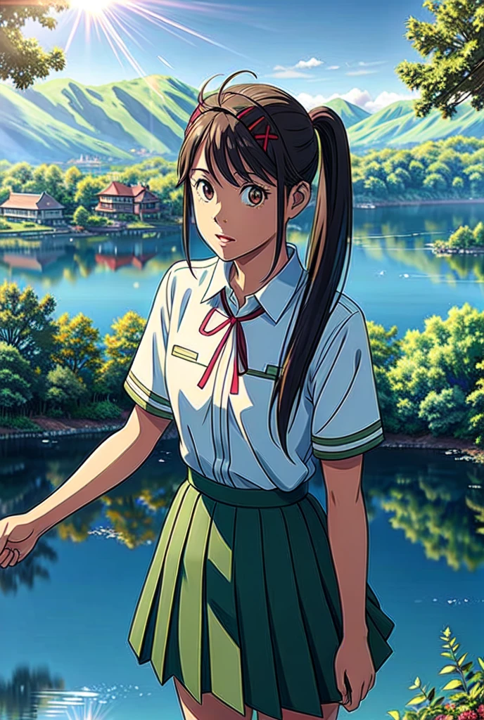 suzu_me, 1 girl, solo, (standing), (looking at viewer:1.2),upper body, brown eyes, black hair, hairclip, single drill, red ribbon, short sleeves school uniform,(green school skirt), outdoors,(light rays:1.2),(sun:1.2),(blue sky:1.1), park,(flowers:1.1),(lake:1.2),(mountains:1.2),(city:1.2),lawn,trees,from above,