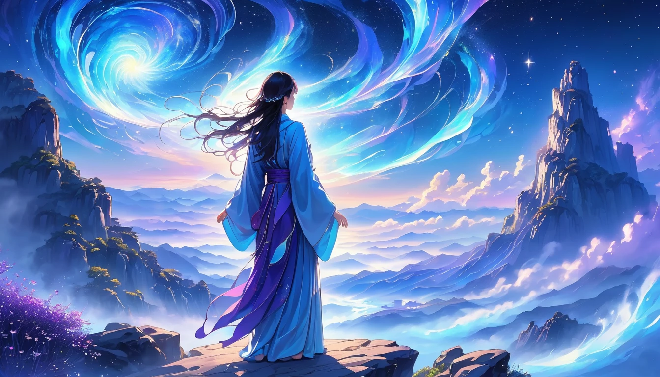 Back view of wise and affectionate woman in ancient costume standing on cliff, Surrounded by swirling currents of cosmic energy，Surrounded by a dreamy mist-shrouded landscape。The figure is wrapped in a flowing robe.，Integrate with the streamlines of heaven and earth。The sky is a tapestry of deep purples and blues，Dotted with stars，The landscape below suggests softness、Rolling mountains，Minimalist koan in the background, From front and center to ghostly smoke, Transition from entity to ghost, Starry sky and clouds in the background, A wise, powerful and calm sense of the universe, glowing eyes, Rich and detailed, Psychedelic style, Dream style, Movie style, Drama style, style, 