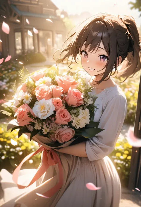 anime, depth of field, cinematic lighting, lens flare, f/1.2, (masterpiece: 1.2), (high resolution), flower garden, ponytail hai...