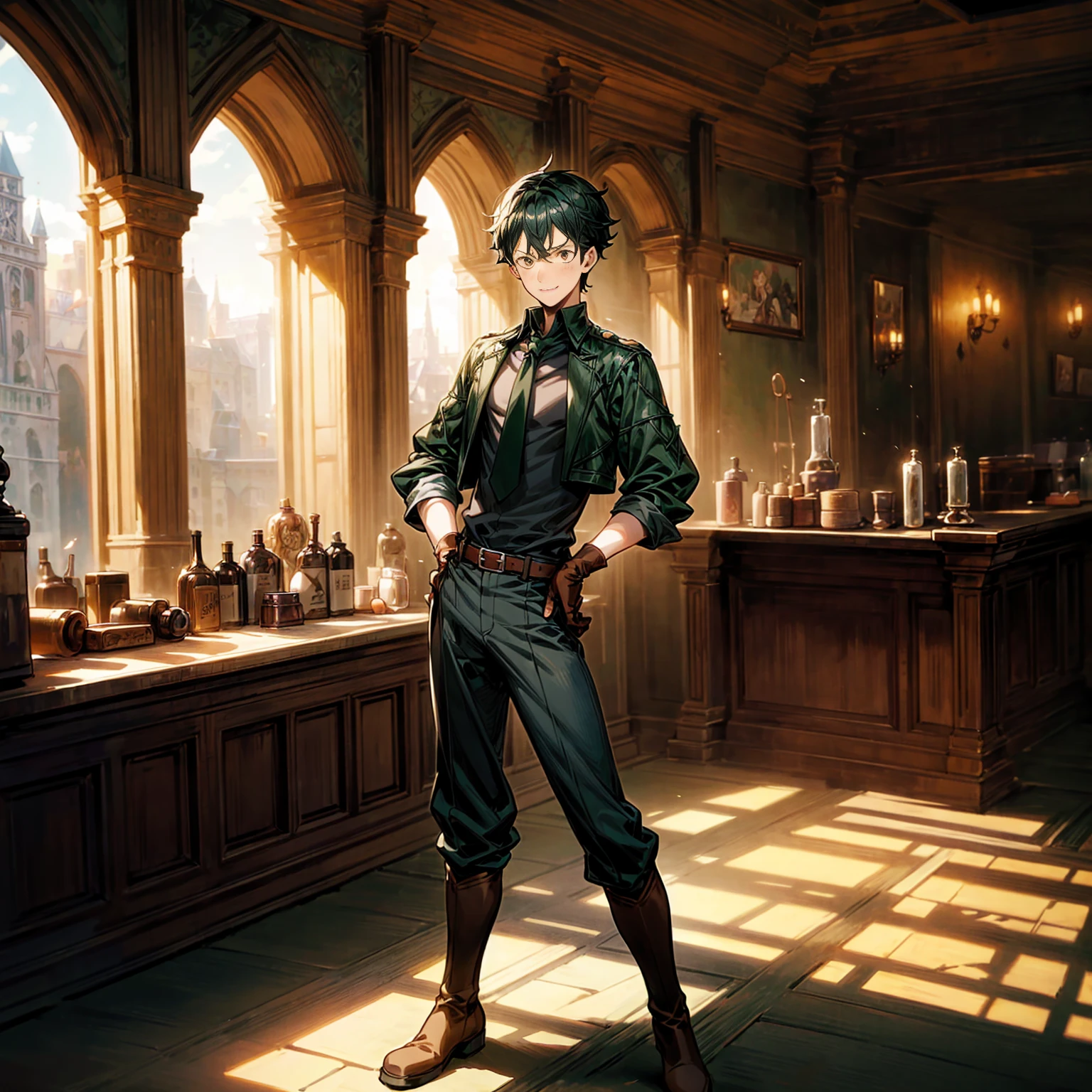 Solo character, young man, tall height, full body version, green half black colour hair, short haircut, brown shirt, red tie, brown pants, boots, belt, gloves, indoor, medieval, bar, sunlight, (black clover style art), detailed clothing, detailed hair, detailed background, standing gesture, blue fire in hand, smile mouth 