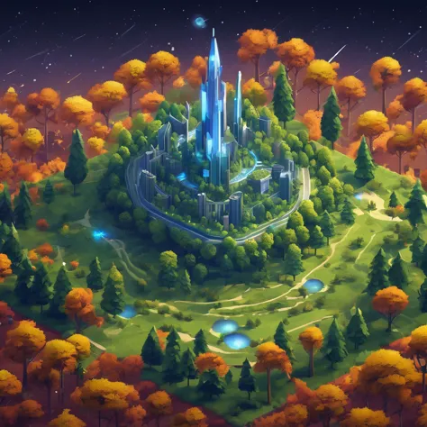 ((masterpiece, best quality)), absurdres, isometric_setting, trees, forest, city in the middle, grassfield, outerspace backgroun...