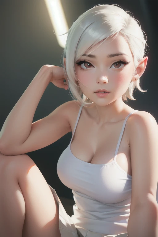 girl,Character design sheet,Beautiful attention to detail,Beautiful lip detail,Very detailed目と顔,Long eyelashes,Realistic,photoRealistic:1.37,Very detailed,Professional,Vibrant colors,Studio Lighting,Sharp focus,Physically Based Rendering,High resolution,超High resolution.Perfect Anatomy， White，Red eyes,Big eyes， Short Hair，White Hair，Pointy Ears，Red cheeks，Young face，Very large breasts，camisole,　Long skirt， squat，Angle from below