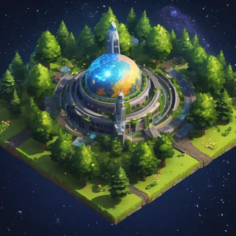 ((masterpiece, best quality)), absurdres, Isometric_Setting, trees, forest, city in the middle, grassfield, outerspace backgroun...