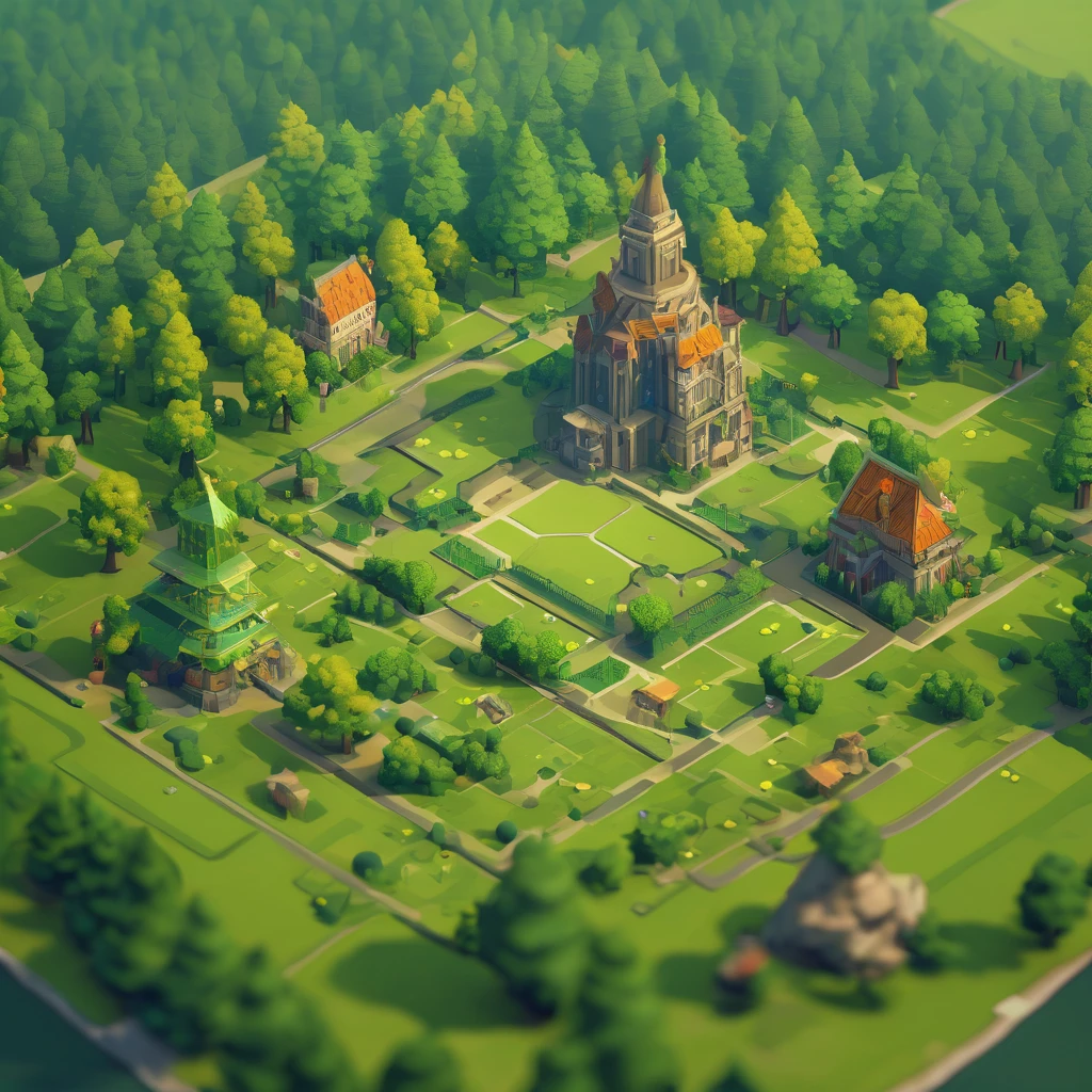 ((masterpiece, best quality)), absurdres, Isometric_Setting, trees, forest, city in the middle, grassfield
