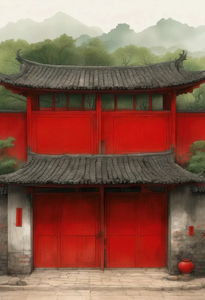 there is a small building there，there are red gates and fences, zou yigui&#39;s minimalism, winner of the cgosociety competition...