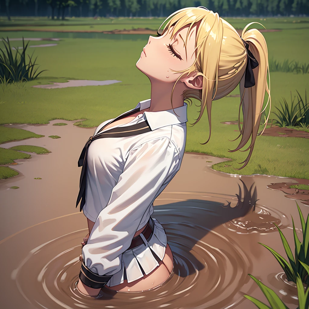 Solo girl, sweet blonde girl, 1 girl, muddy, dirty, ponytail hair, drowning in quicksand, mud, swamp, bog, grass, trees, white blouse, red miniskirt, (orgasm:1.5), (looking up:1.3), (eyes closed:1.4), from the torso up, (from side:1.4)