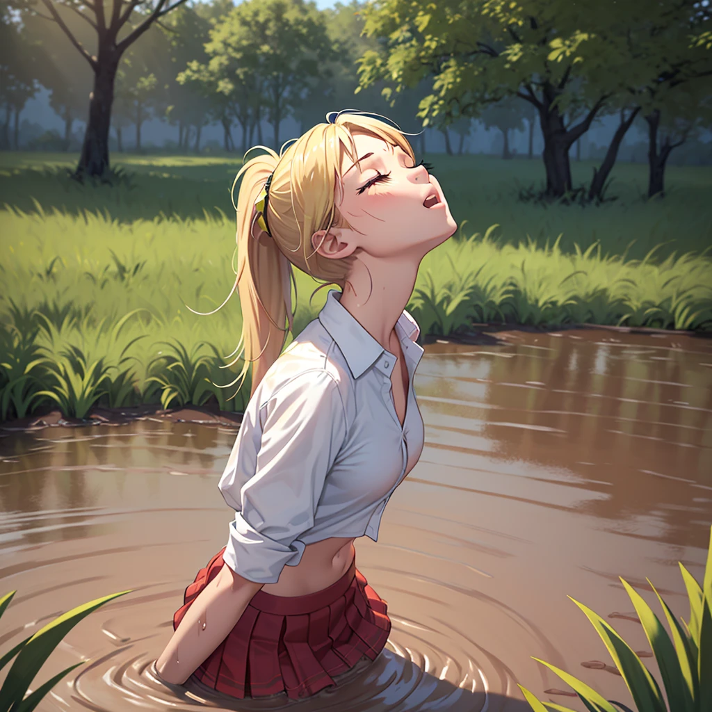 Solo girl, sweet blonde girl, 1 girl, muddy, dirty, ponytail hair, drowning in quicksand, mud, swamp, bog, grass, trees, white blouse, red miniskirt, (orgasm:1.5), (looking up:1.3), (eyes closed:1.4), from the torso up, (from side:1.4)