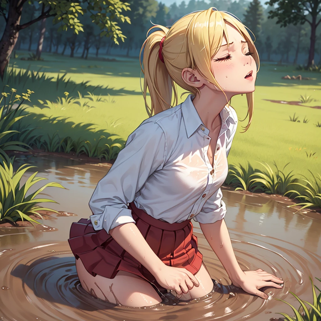 Solo girl, sweet blonde girl, 1 girl, muddy, dirty, ponytail hair, drowning in quicksand, mud, swamp, bog, grass, trees, white blouse, red miniskirt, (orgasm:1.5), (looking up:1.3), (eyes closed:1.4), from the torso up, (from side:1.4)