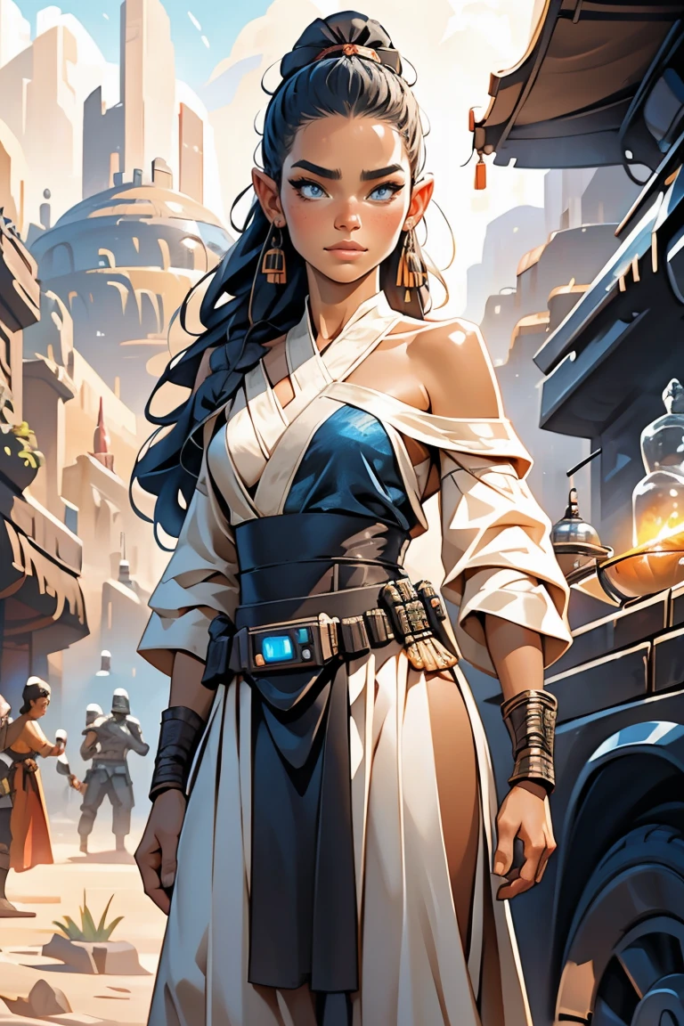 a female Star Wars street vendor based on Alina Lopez, ancient china inspired off-the-shoulder dress, sci-fi, Star Wars, highly detailed cinematic fantasy illustration, black outlining, full color illustration, in the style of BORIS VALLEJO & JULIE BELL, masterpiece, 8k, ultra-detailed, physically-based rendering, vivid colors, dramatic lighting, intricate background, photorealistic