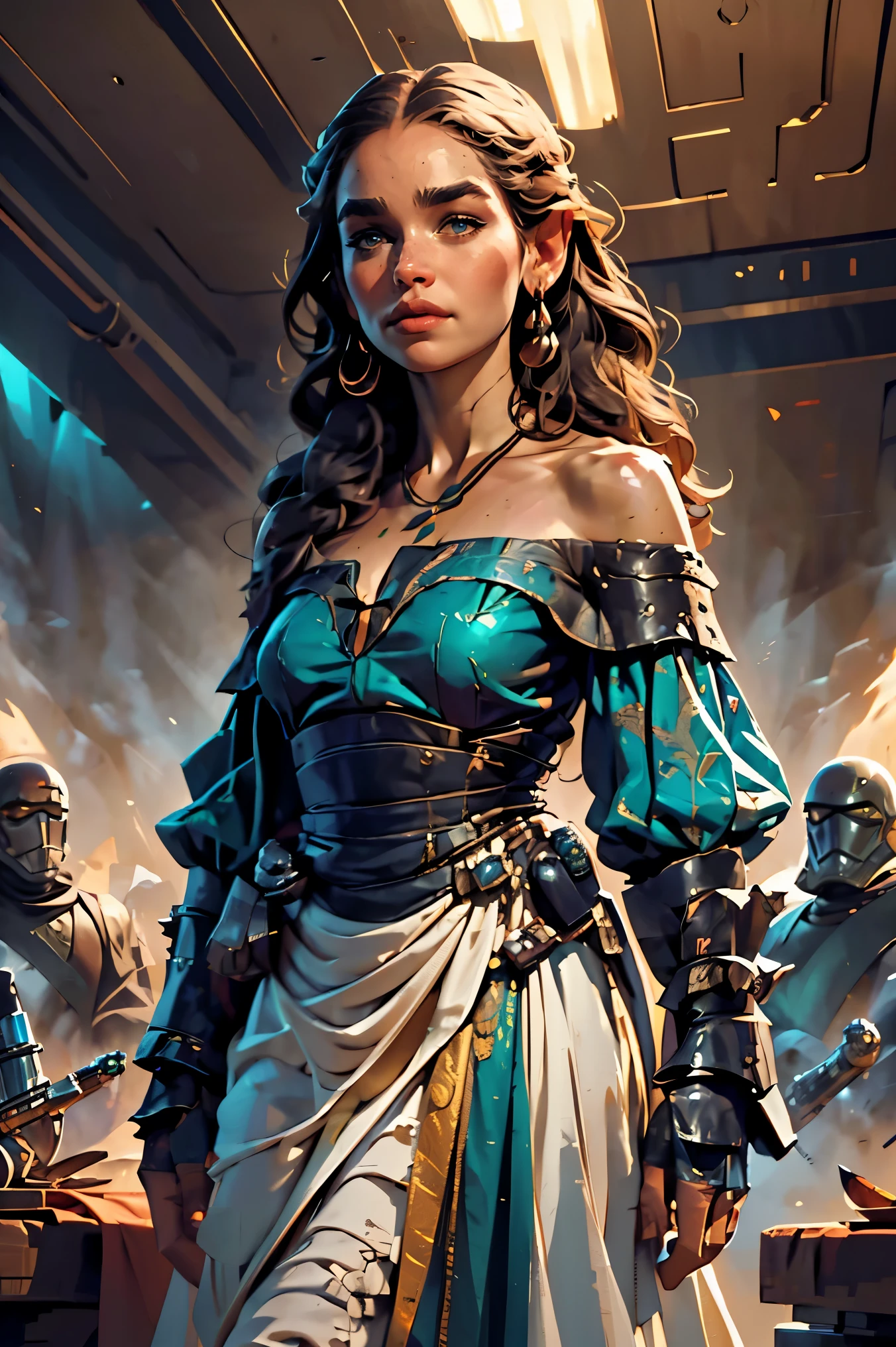 a woman diplomat based on Emilia Clarke, off-the-shoulder jade dress, sci-fi, Star Wars, highly detailed cinematic fantasy illustration, black outlining, full color illustration, in the style of BORIS VALLEJO & JULIE BELL, masterpiece, 8k, ultra-detailed, physically-based rendering, vivid colors, dramatic lighting, intricate background, photorealistic