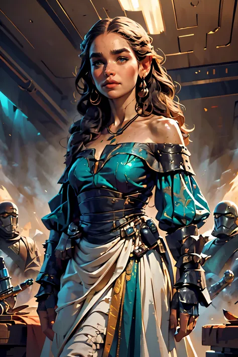 a woman diplomat based on emilia clarke, off-the-shoulder jade dress, sci-fi, star wars, highly detailed cinematic fantasy illus...