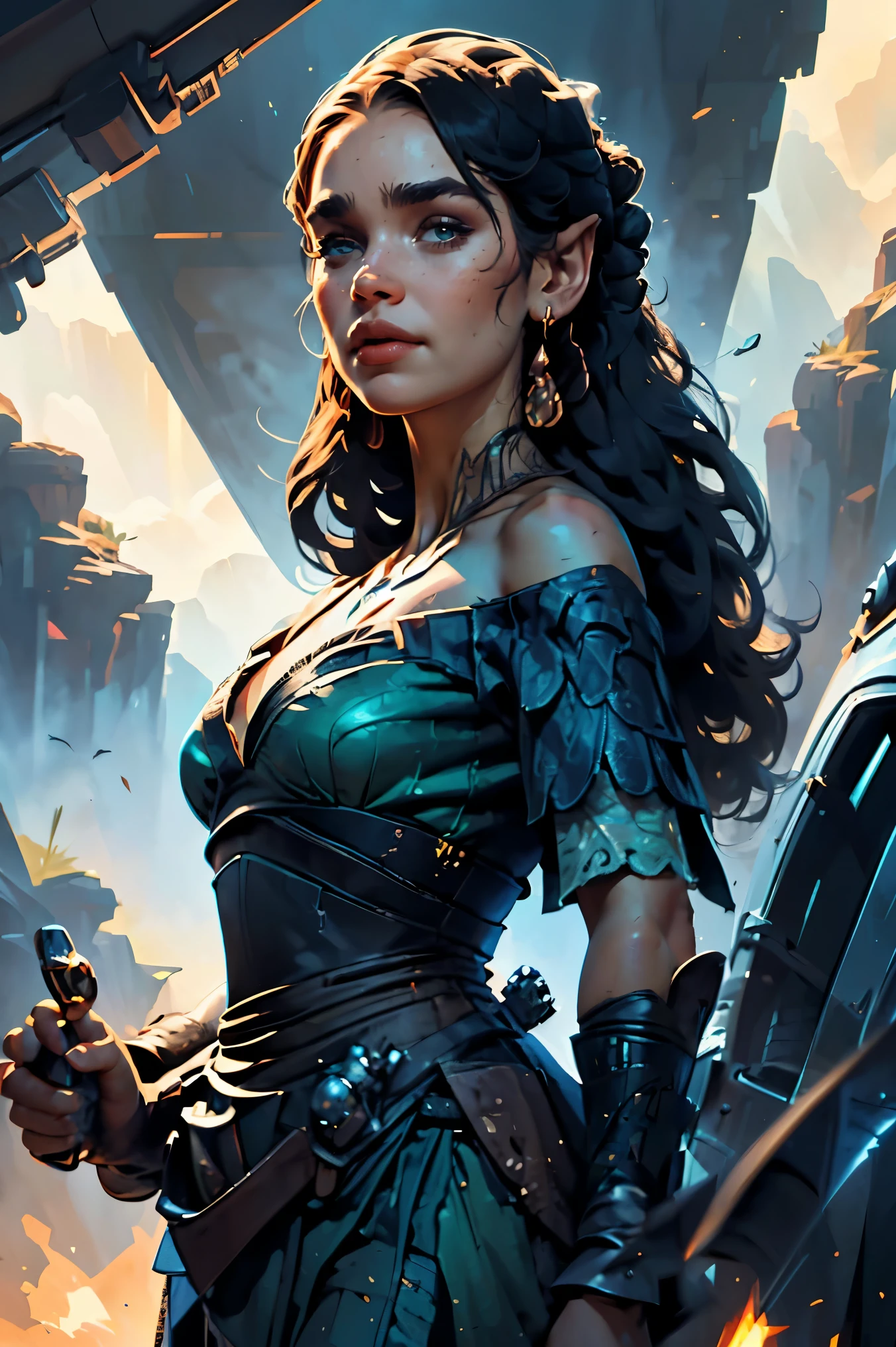 a woman diplomat based on Emilia Clarke, off-the-shoulder jade dress, sci-fi, Star Wars, highly detailed cinematic fantasy illustration, black outlining, full color illustration, in the style of BORIS VALLEJO & JULIE BELL, masterpiece, 8k, ultra-detailed, physically-based rendering, vivid colors, dramatic lighting, intricate background, photorealistic