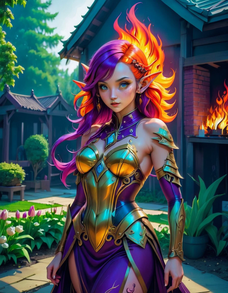 Arafed, Dark fantasy art, fantasy art, goth art, a picture of a tattoo of a tulip on the back of a female elf, a glowing tattoo of a ((tulip: 1.3)) on the elf's back, the ((tulip tattoo: 1.3)) is vivid, intricate detailed,  GlowingRunesAI_purple, ((fire surrounds the tulip: 1.5)), shot taken from the back, ((the back is visible: 1.3), she wears a transparent red dress, the dress is elegant, flowing, elven style, that the tattoos glow, dynamic hair color, dynamic hair style,  vibrant, Ultra-high resolution, High Contrast, (masterpiece:1.5),  highest quality, Best aesthetics, best details, best quality, highres, 16k, (ultra detailed: 1.5), masterpiece, best quality, (extremely detailed) RAW, (ultra details, Masterpiece, best quality) faize, Digital Painting, 