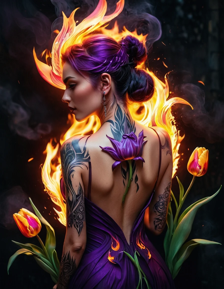 Arafed, Dark fantasy art, fantasy art, goth art, a picture of a tattoo of a tulip on the back of a female elf, a glowing tattoo of a ((tulip: 1.3)) on the elf's back, the ((tulip tattoo: 1.3)) is vivid, intricate detailed,  GlowingRunesAI_purple, ((fire surrounds the tulip: 1.5)), shot taken from the back, ((the back is visible: 1.3), she wears a transparent red dress, the dress is elegant, flowing, elven style, that the tattoos glow, dynamic hair color, dynamic hair style,  vibrant, Ultra-high resolution, High Contrast, (masterpiece:1.5),  highest quality, Best aesthetics, best details, best quality, highres, 16k, (ultra detailed: 1.5), masterpiece, best quality, (extremely detailed) RAW, (ultra details, Masterpiece, best quality) faize, Digital Painting, *channel_42*