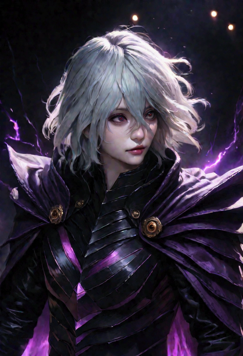 Tomura Shigaraki, pale skin and dark and sinister character with black hair, black eyes with purple pupils, wearing black armor with purple details, exuding a powerful and ominous presence, surrounded by an aura of purple energy lighting, dark and brooding atmosphere,best quality,4k,8k,highres,masterpiece:1.2,ultra-detailed,realistic,photorealistic,photo-realistic:1.37,HDR,UHD,studio lighting,ultra-fine painting,sharp focus,physically-based rendering,extreme detail description,professional,vivid colors,bokeh,dark fantasy,digital art,concept art