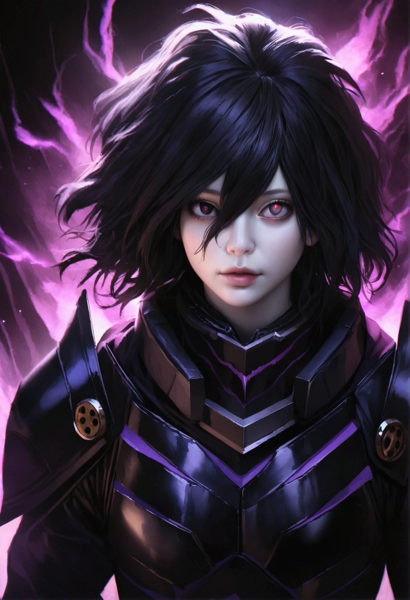 Tomura Shigaraki, pale skin and dark and sinister character with black hair, black eyes with purple pupils, wearing black armor with purple details, exuding a powerful and ominous presence, surrounded by an aura of purple energy lighting, dark and brooding atmosphere,best quality,4k,8k,highres,masterpiece:1.2,ultra-detailed,realistic,photorealistic,photo-realistic:1.37,HDR,UHD,studio lighting,ultra-fine painting,sharp focus,physically-based rendering,extreme detail description,professional,vivid colors,bokeh,dark fantasy,digital art,concept art, horikoshi kouhei style, my hero academia style