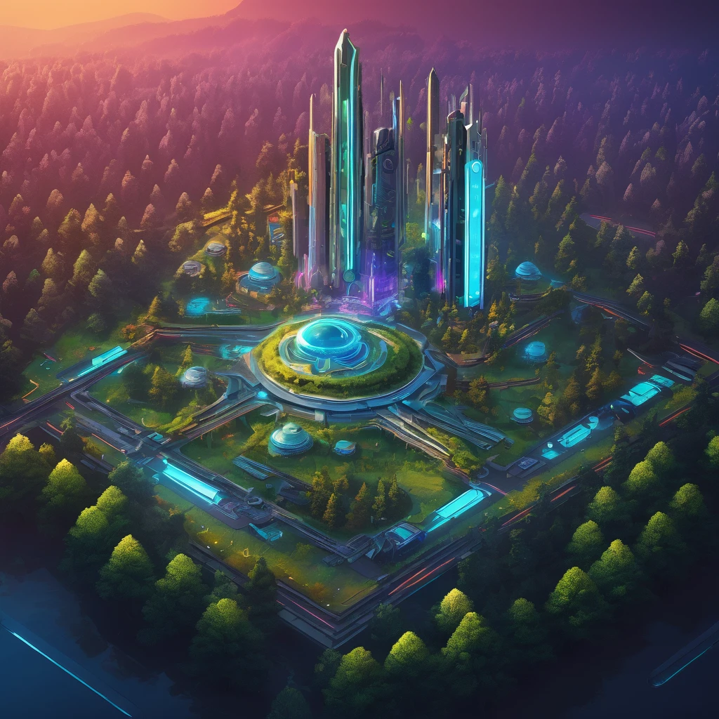 ((masterpiece, best quality)), absurdres, Isometric_Setting, high angle, birds eye view, woods, forest, grassfield, scifi futuristic neon city in the middle
