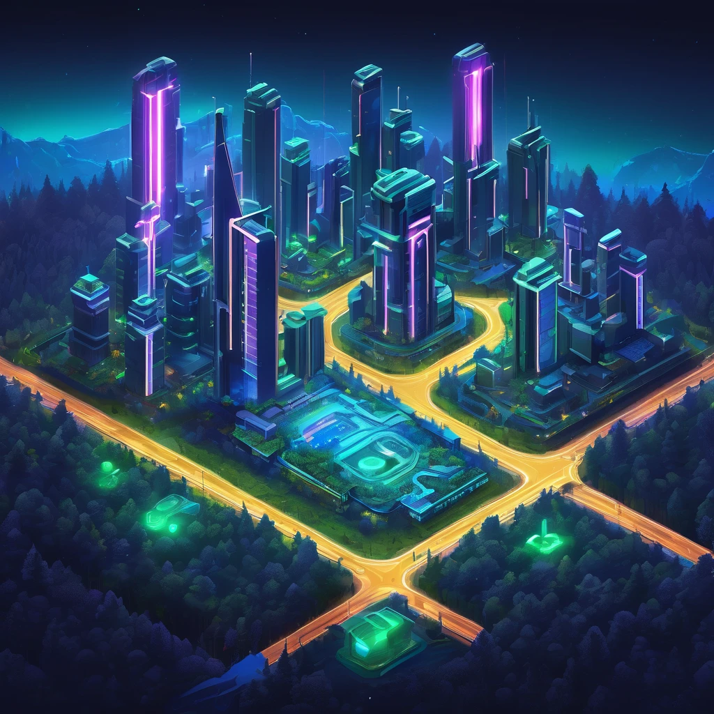 ((masterpiece, best quality)), absurdres, Isometric_Setting, high angle, birds eye view, woods, forest, grassfield, scifi futuristic neon city in the middle
