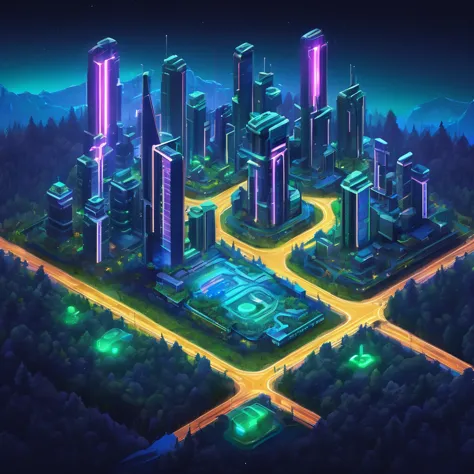 ((masterpiece, best quality)), absurdres, Isometric_Setting, high angle, birds eye view, woods, forest, grassfield, scifi futuri...