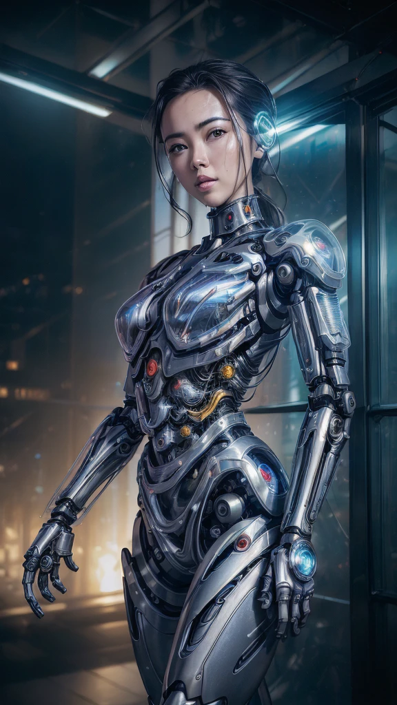 (((Jessica Henwick wearing futuristic cyberpunk ninja assassin armor, shiny robotic ninja armor )), (dynamic pose), (masterpiece), (hyper realist:1.4), (realist:1.3), (Best quality real texture skin.),  (cinematic lighting), (movie scene), 1beautiful woman, (bright light), very detailed skin, skin pores, (Very detailed face:1.1), (very detailed eyes:1.1), alumnos realists, (Perfect anatomy:1.1), (perfect proportions:1.1), (Photography:1.1), (photorealist:1.1), volumetric lighting, dynamic lighting, real shadows, (high resolution:1.1), Sharp focus, (realist, hyperrealist:1.4), Intricate, High detail, dramatic, Subsoil Dispersion, great depth of field, vivid, pulido, sharp, ((full sharp)), (extremely absurd),8KHDR, ((Hong Kong city cyberpunk background)), (Jessica Henwick:1.4), (Jessica Henwick V2.1), (mechanical cyborg transparent glass:1.4), (bright colors) 