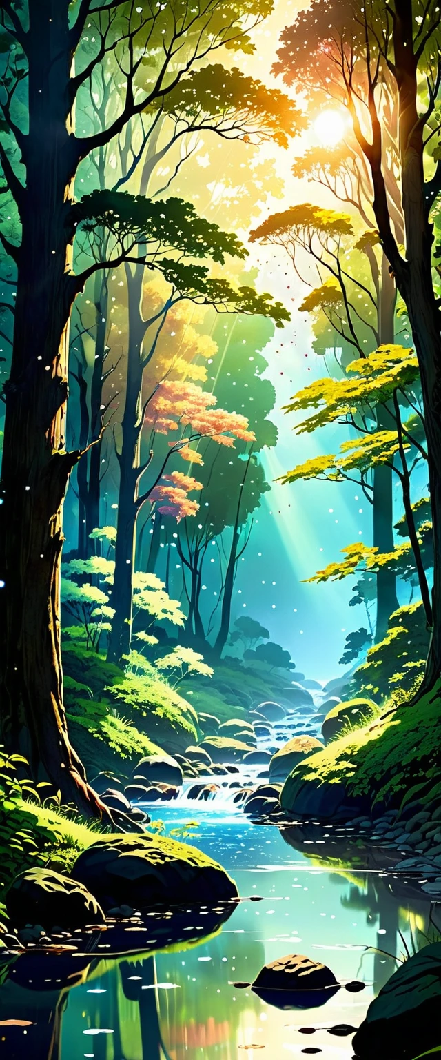 Viral anime nature wallpaper in 4K quality, in the style of digital illustration inspired by Hayao Miyazaki, featuring a serene forest with towering ancient trees, dappled sunlight filtering through the leaves, a gentle stream flowing through the scene, and mystical creatures peeking from behind the foliage; vibrant and warm color temperature, cosmos lighting with stars twinkling in the sky, no human characters, the atmosphere is tranquil and enchanting --v 5 --stylize 1000