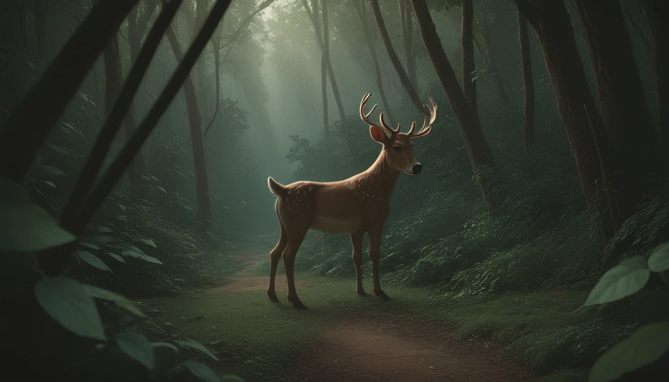 nature shot with wide shot of a dark jungle scene,face of a baby golden-deer hiding between the bushes,hunting,nightfall,dimmly lit,intense gaze,tension,perfect composition,masterpiece,best quality,Outdoors,greenery,natural light,fresh,vivid contrast,vivid color,Hyperrealistic art cinematic film still photography in the style of detailed hyperrealism photoshoot,