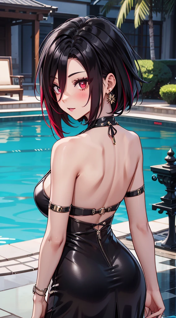 beautiful, crona, black dress, deep cleavage,  hair, red eyes, Good, pool curtain, sexy, sensual, looking back, sexy, hot, 