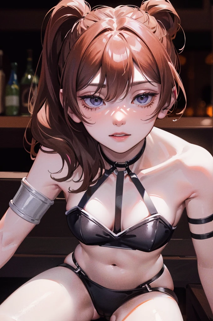 Portrait of ubel: a stunning woman with an updo, sitting at the bar in a nightclub. This masterpiece is of the best quality, ultra-detailed, and perfect for an 8k HDR wallpaper. Featuring cinematic lighting with sharp focus and intricate details. NSFW