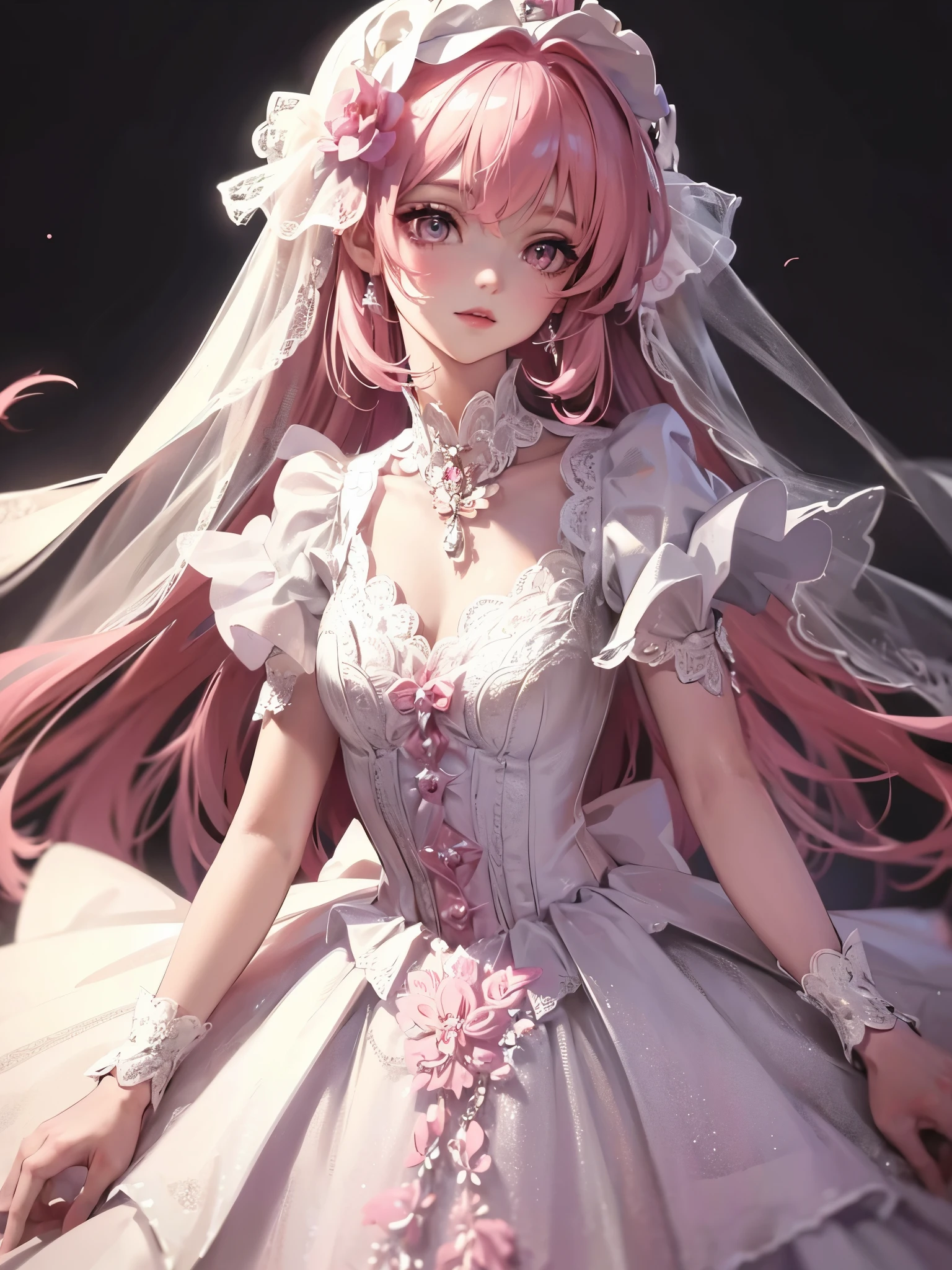 Super delicate cute girl in a Lolita dress with pink hair. 8K Ultra High Definition, Delicate texture, Pure white background.