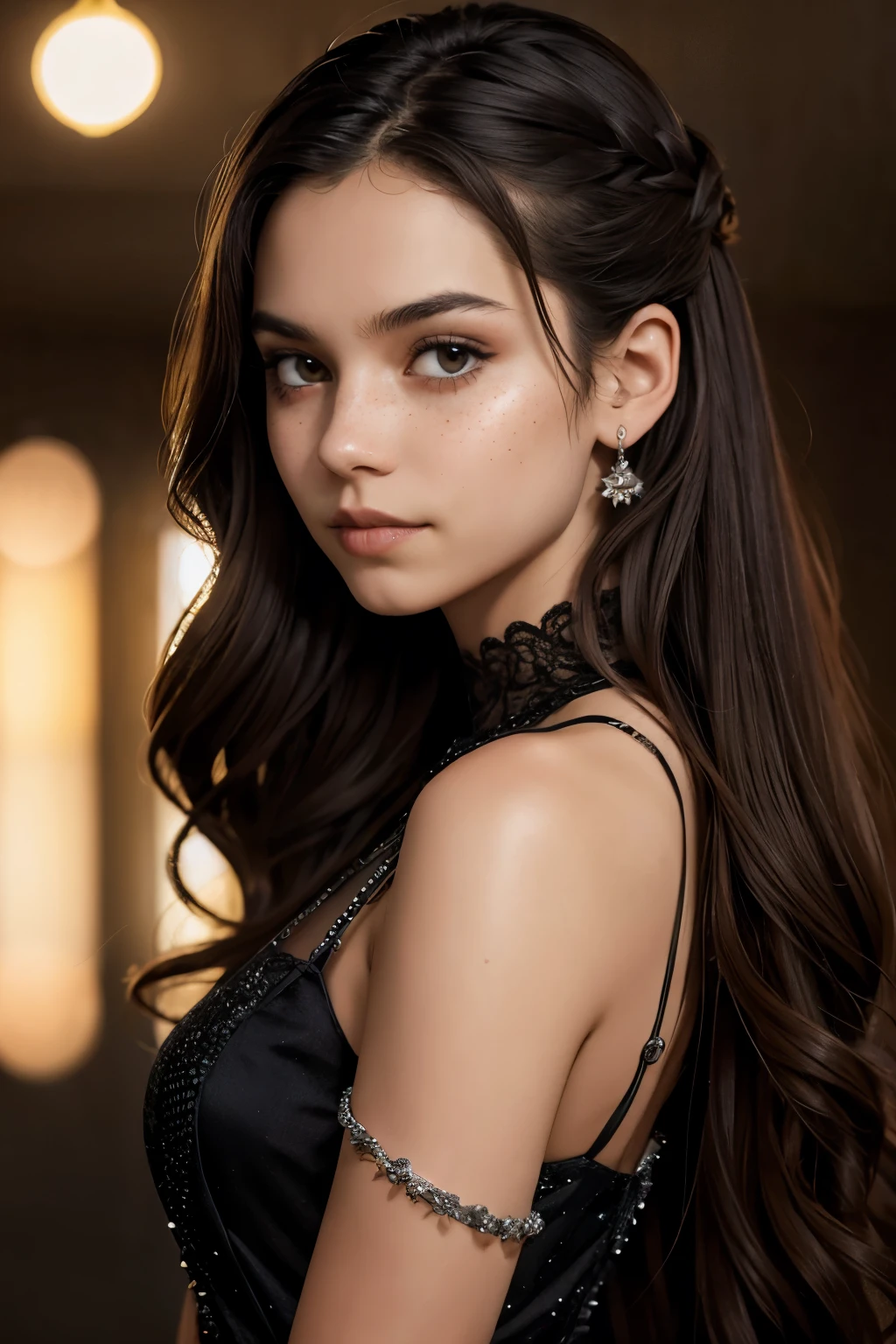 ((best quality)), ((masterpiece)), (detailed), beautiful fourteen year old girl, perfect face, calm expression, soft expression, not fully smiling, (dark brown eyes), (black eyes), photorealistic, detailed long hair, perfect lighting, (young), delicate, gentle, feminine, she is wearing a beautiful black, silver, and dark green color ball gown with long sleeves, she is beautiful, she is calm, photorealistic image, long black hair, dark brown sheen, clear brown eyes, clear black eyes, light freckles across her cheeks, long wavy hair, long curly hair, updo hairstyle, black eyeshadow, black lipstick, floor length image, realistic, slight overbite,