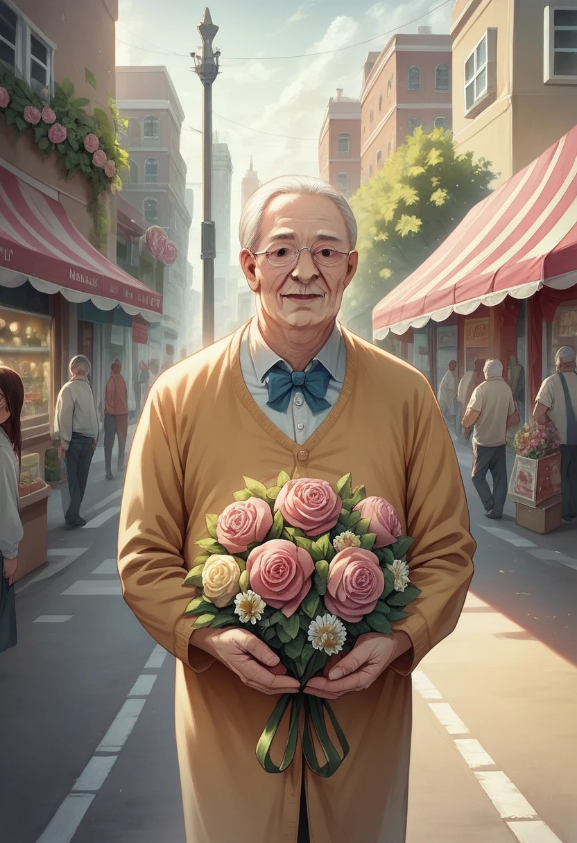 anatómicamente correcta:1.5, an elderly vendor with a bouquet of tulips in his hands:1.5, with his flower street stall:1.5, hyperrealistic, 8k, high quality, detailed, intricate, photorealistic, masterpiece, vibrant colors, natural lighting, street scene, outdoor, city, urban, realistic, detailed face, detailed hands, detailed clothing, elderly man portrait, flower shop, tulips, market stall, realism, cityscape, street vendor