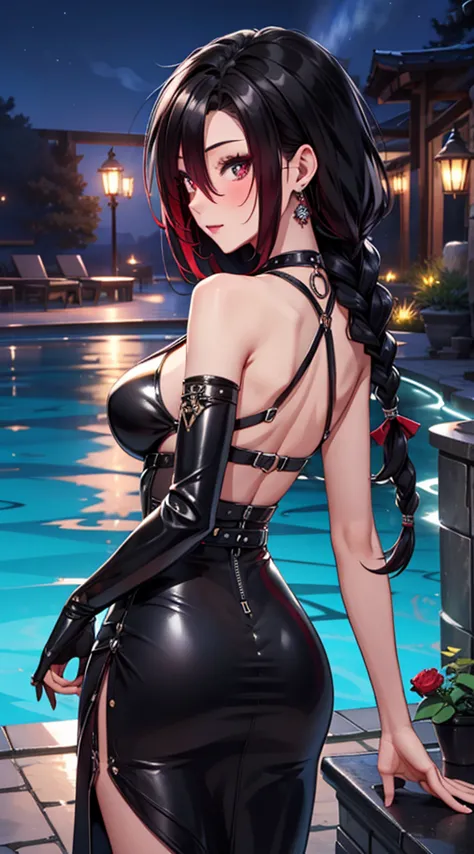 beautiful, crona, black dress, deep cleavage, long hair, red eyes, good, pool curtain, sexy, sensual, looking back, sexy, hot, b...