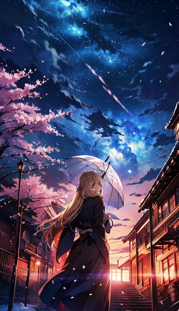 １personnes々々々々々々々々々,cheveux longs blonds，long manteau，tenant un parapluie japonais，silhouette， vue arrière，Ciel spatial, voie Lactée, Style animé, lampadaire, fleurs de cerisier，夜fleurs de cerisier，辺り一面に舞うfleurs de cerisier吹雪，