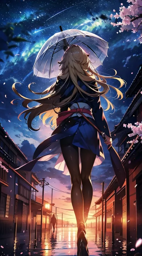 １people々々々々々々々々々,Blonde long hair，Long coat，Holding a Japanese umbrella，silhouette， Rear View，Space Sky, milky way, Anime Style,...