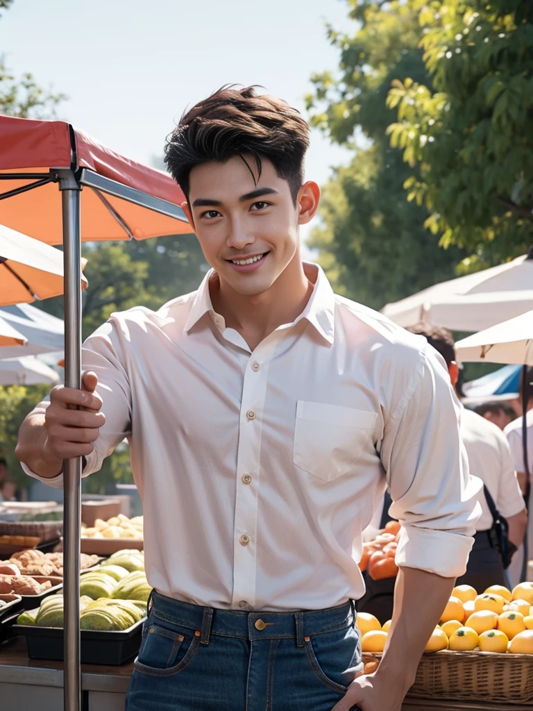 afmface ,Handsome young man smiles, showing teeth, selling merchandise, (have a mustache:1) ,(buzz cut:1.1), (short hair:1.2), The forearms are muscular.,  (Wear a tight white button-up collared shirt.:1.6), (Jeans:1.5), Big muscles, Handsome and muscular, full body angle, (outdoor market:1.3), natural light