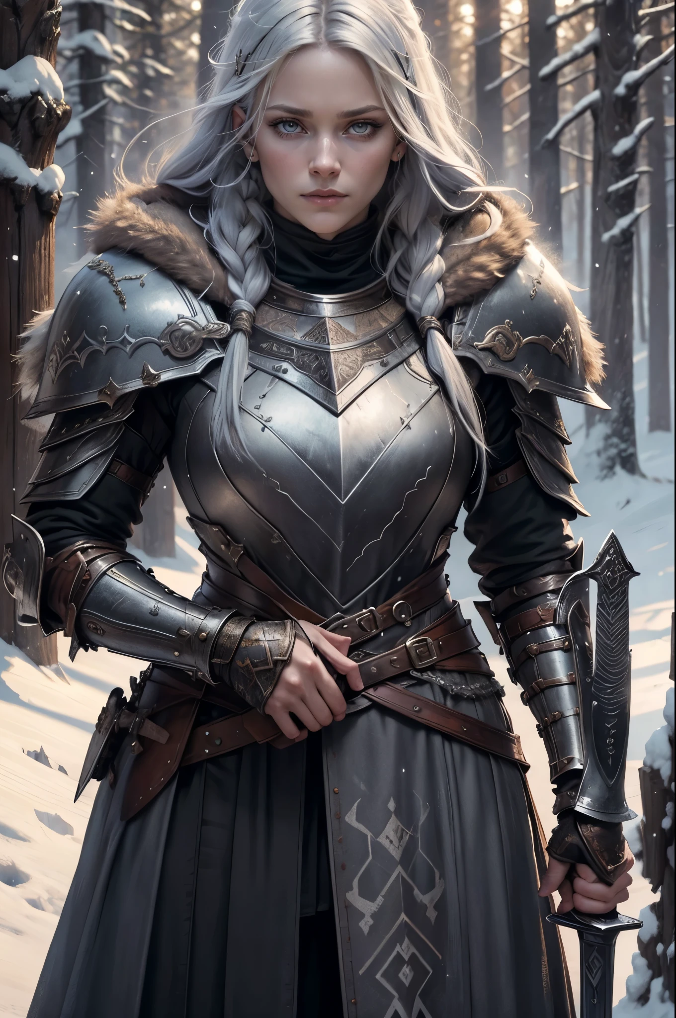 1girl, (warrior), winter clothes, (blood on face:0.8), (Norse:1.1),intricate, fur, shoulder armor, , long hair, (eyeliner:1), wind, blizzard, looking at viewer,jewelry,blue eyes ,detailed background, depth of field,glowing eyes (masterpiece, high quality:1), dual wielding,fist,Lady Knight，anatomical correct，epic fantasy digital art，tmasterpiece，8k，high-definition resolution，detailed drawing，Quality Superior，, Epic composition,​masterpiece, Best Quality, detailed, Cinematics, 4k, Background with:Viking buildings built on snowy fjord cliffs, Fierce viking woman warrior wearing armor and fur coat with rune tattoos,(best quality,4k,highres),(realistic,physically-based rendering),a girl,armor:simple,winter,fur,holding a sword,serious expression,vivid colors,portrait,sharp focus,studio lighting,detail of the eyes,metal texture,cold environment,forest background,falling snow,smoke effect,(best quality,4k,highres),(realistic,physically-based rendering),a girl,armor:simple,winter,fur,holding a sword,serious expression,vivid colors,portrait,sharp focus,studio lighting,detail of the eyes,metal texture,cold environment,forest background,falling snow,smoke effect
