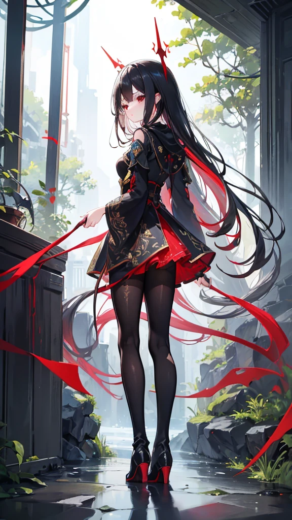 girl，Clarity，high-definition，High Detail，Rich in details，transparent，纹理Clarity，beauty，grace，nature，Red eyes，long hair，Hair Bunch，Very long hair，starchams，Long boots，Black pantyhose，boost，Standing