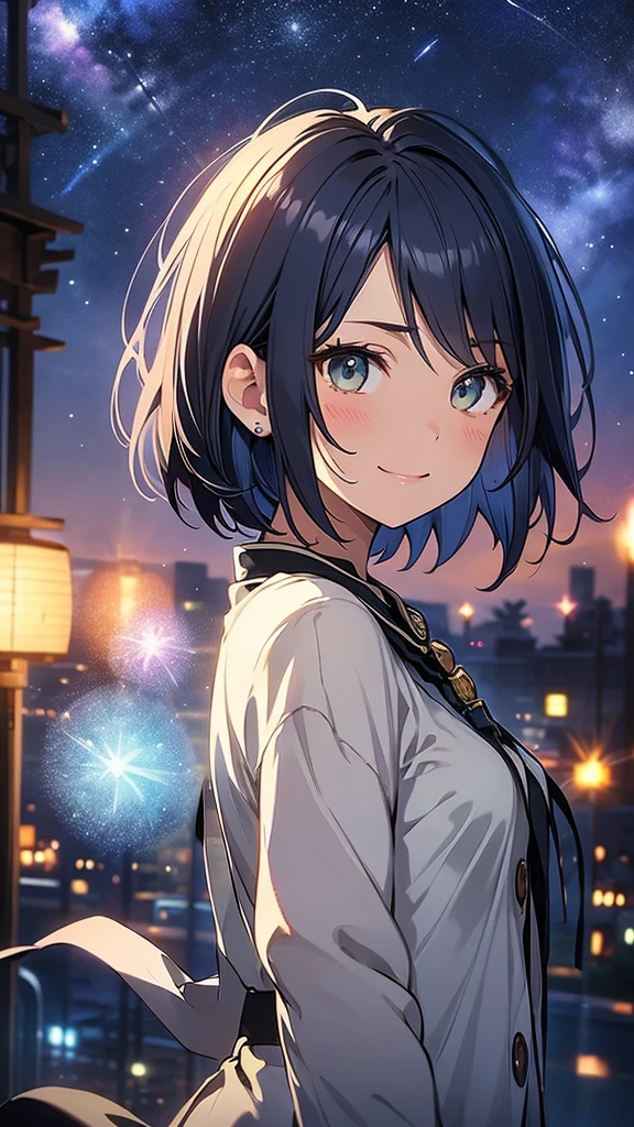 1 girl、masterpiece、Highest quality、detailed、Dark blue hair、Short Bob Cut、Straight hair、Green Eyes、beautiful、Dancer、Starry Sky、night、Anime style painting、Hard Edge、Soft Surface、smile、profile、Upper body close-up、Stage lighting、Spot lighting