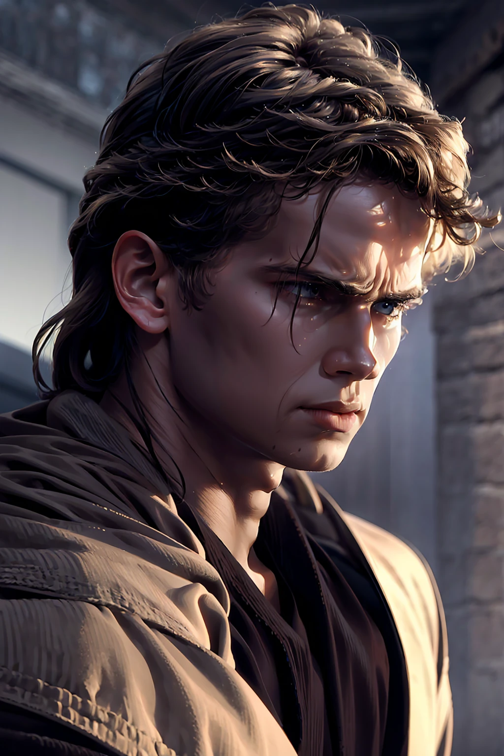 masterpiece, 8k quality, Anakin_skywalker, best quality, long hair, boy, attractive, angry, hand covering half face, young man with a melancholic and introspective expression, reminiscent of a fallen angel, with one hand strategically placed to cover part of his face, enhancing the sense of emotional depth and contemplation, dramatic lighting highlighting his features and a somber, ethereal atmosphere, minimal or abstract background, to maintain focus on his expression and the mood of the scene, fallen angel face, true anger and fear in eyes, long hair, attractive, brown eyes,