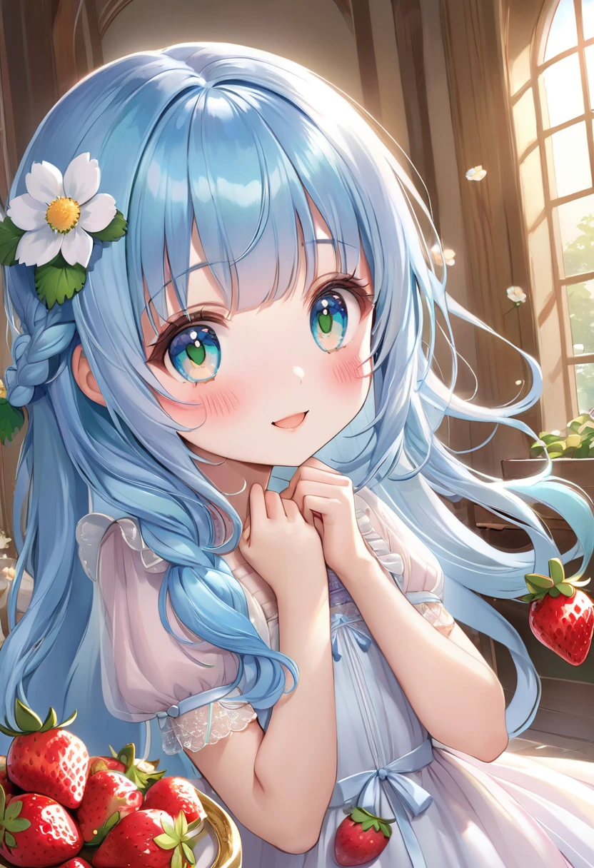 masterpiece, best quality, extremely detailed, (illustration, official art:1.1), 1 girl ,(((( light blue long hair)))), ,(((( light blue long hair)))),light blue hair, , long hair ((blush)) , cute face, big eyes, masterpiece, best quality,(((((a very delicate and beautiful girl))))),Amazing,beautiful detailed eyes,blunt bangs((((little delicate girl)))),tareme(true beautiful:1.2), sense of depth,dynamic angle,,,, affectionate smile, (true beautiful:1.2),,(tiny 1girl model:1.2),)(flat chest), a girl anime girl with lots of light blue hair and strawberries around her, 1girl, green eyes, solo, green hair, braid, twin braids, flower, long hair, dress, hair ornament, smile, short sleeves, looking at viewer, food, hair flower, blush, strawberry hair ornament, frills, open mouth,((Incredibly detailed), #3b4195 background, stunning flowers, juicy berries, lush ferns, vibrant leaves, serene watercolor pattern), (Impressive watercolor texture), ((1 girl), cute, hide hand)、Chocolate on strawberries、(((Chocolate,Melting chocolate frame,Strawberry chocolate fondue ,Chocolate covered strawberries)))、lots of chocolate、Mint Lolita Apron、Making chocolate、Strawberry chocolate，Chocolate drink、Making chocolate、Valentinechocolate