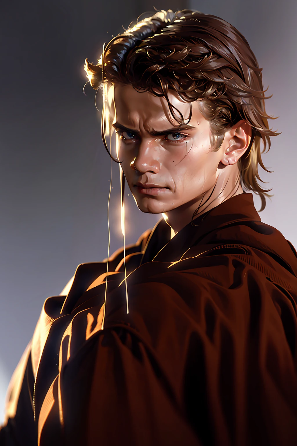 masterpiece, 8k quality, Anakin_skywalker, best quality, long hair, boy, attractive, angry, hand covering half face, young man with a melancholic and introspective expression, reminiscent of a fallen angel, with one hand strategically placed to cover part of his face, enhancing the sense of emotional depth and contemplation, dramatic lighting highlighting his features and a somber, ethereal atmosphere, minimal or abstract background, to maintain focus on his expression and the mood of the scene, fallen angel face, true anger and fear in eyes, long hair, attractive, brown eyes,