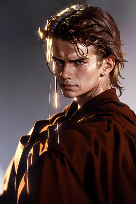 masterpiece, 8k quality, anakin_skywalker, best quality, long hair, boy, attractive, angry, hand covering half face, young man w...