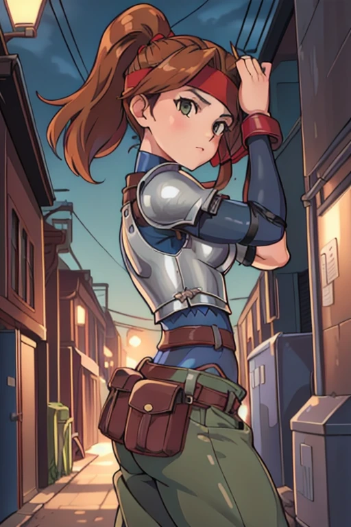 masterpiece, best quality, jessie rasberry, headband, armor, blue bodysuit, belt, pouch, green pants, from side, dystopian city, city alleyway, night, chiaroscuro shading, looking at viewer, turning head 