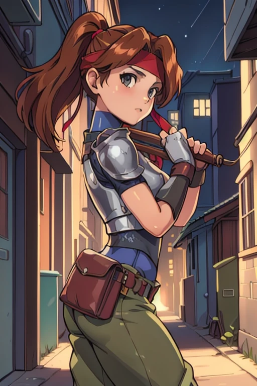 masterpiece, best quality, jessie rasberry, headband, armor, blue bodysuit, belt, pouch, green pants, from side, dystopian city, city alleyway, night, chiaroscuro shading, looking at viewer, turning head 