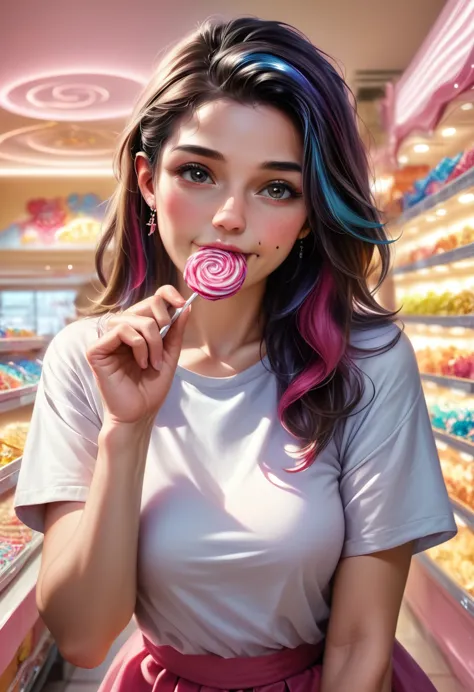 plano general, cuerpo entero:1.5, ((a beautiful young woman eating candy:1.7, in a beautiful candy shop - 1.7)) , modern hairsty...