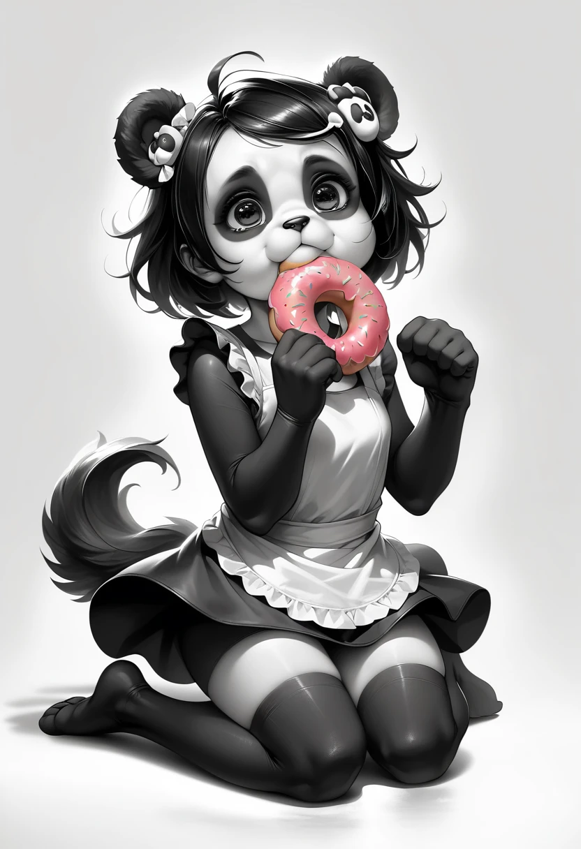 wide shot, centered, full body, ((a in panda costume eating donuts (black and white costume):1.4)), sitting and eating candy:1.3, dynamic pose, (dog begging for candy:1.3), highly detailed, 8K, high definition, adorable, high quality, photorealistic, colorful, vibrant, soft lighting, plush panda costume, tousled hair, round cheeks, big eyes, detailed facial features, cheerful expression, playful, whimsical, intricate details, lollipops, sweet, textured fur, fluffy panda ears, paws, dog wagging tail, anticipation, cute, heartwarming, endearing