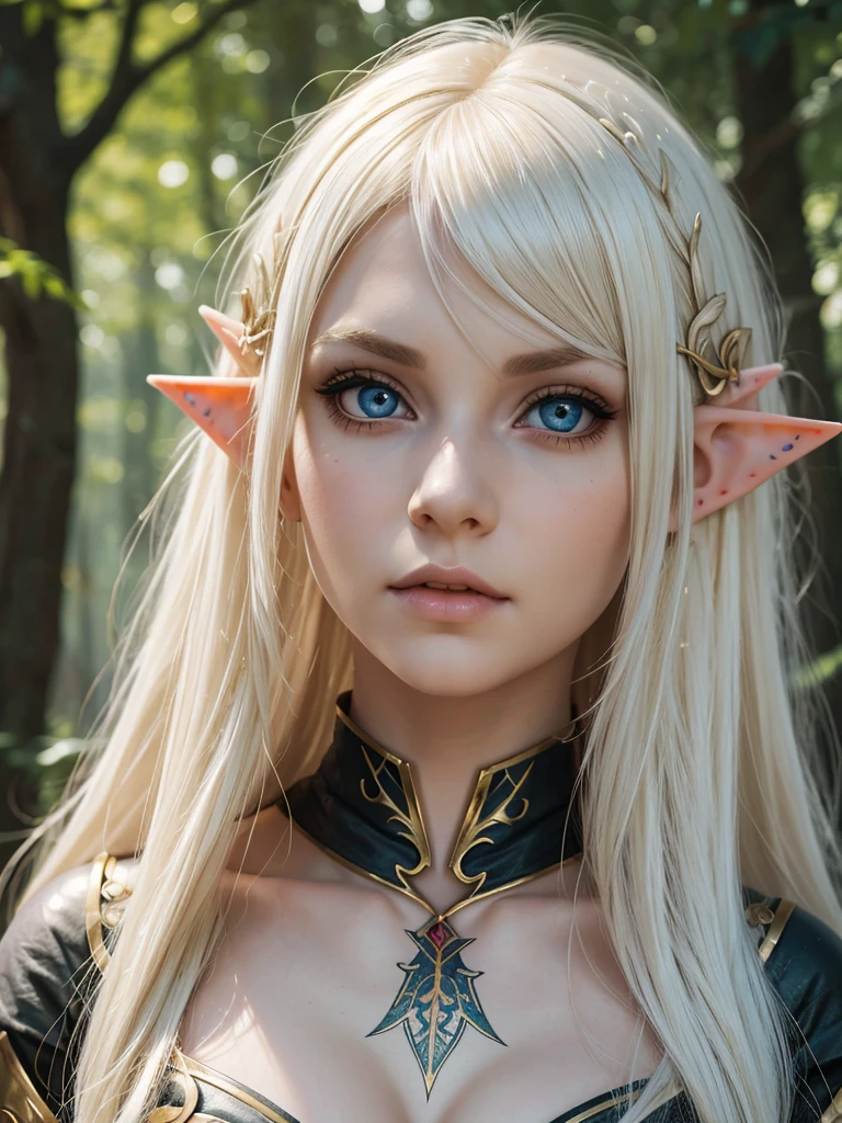 (best quality), 1girl, Female, pale skin, platinum blonde hair, very long hair, parted bangs, hazel eyes, big eyes, perfect eyes, elf, fantasy outfit, red face tattoos, small bust, fantasy universe, masterpiece, anatomically correct, highres
