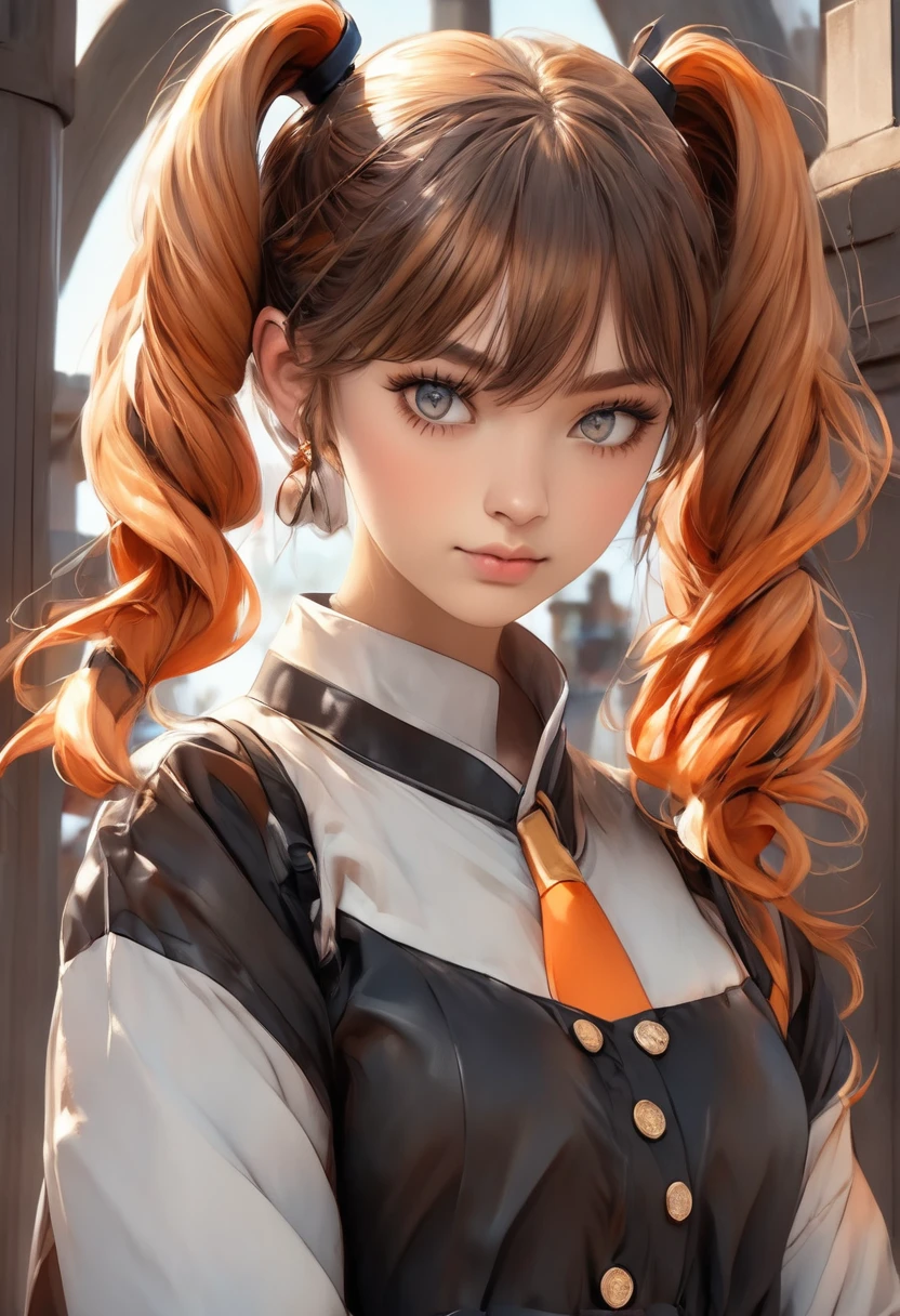 (1 beautiful young woman:1.5, ((alone)) with twin pigtails hairstyle beautiful hair:1.5), Modern clothing, animated style, Nice orange priest anime costume., detailed face, pretty eyes, cute expression, hyper detailed and smooth soft lighting, IN FRONT OF THE CAMERA, detailed representation, vibrant colors, elegant, Capricious, Very detailed, 8k, photorealistic,negativeXL_D