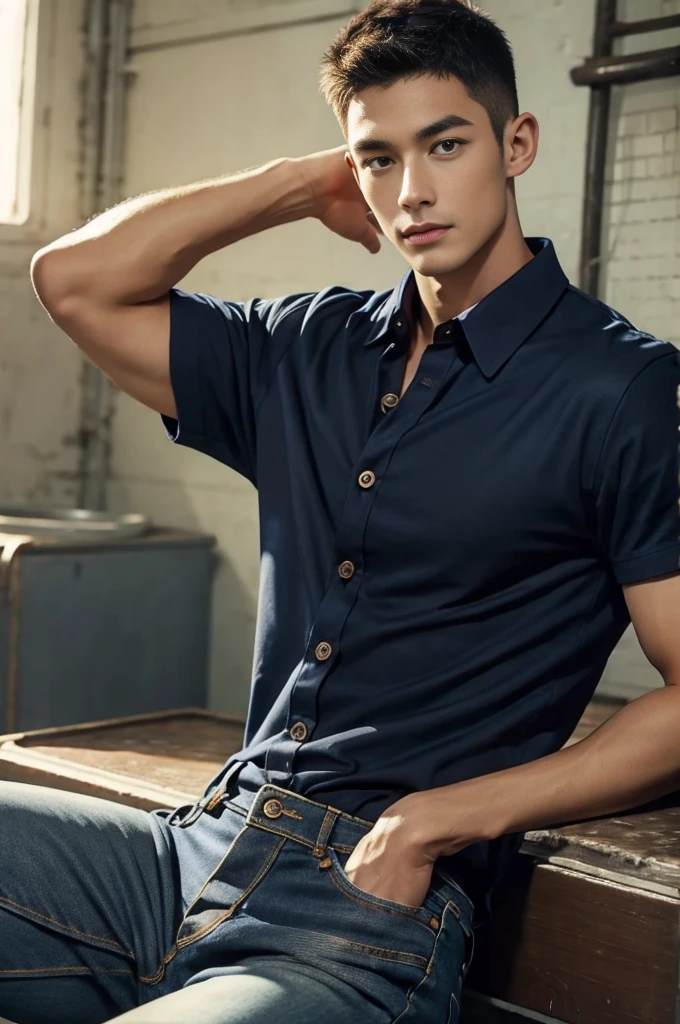 armface , Forearm , A handsome young man stood, (have a mustache:1) ,(Buzzcut:1.1), (short hair:1.2), The forearm is muscular..,  (Wear a tight-fitting navy blue collared shirt with buttons.:1.6), (Jeans:1.5),, big muscles, Handsome and muscular, full body angle, (In warehouses, car repair shops:1.1), natural light